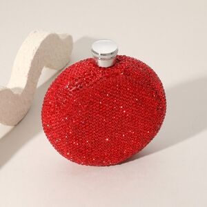 Red Silver 5oz Round Sparkling Rhinestone Crystal Flask Bling